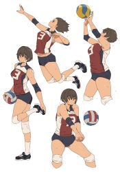 1girl ball black_buruma buruma full_body gym_uniform highres holding holding_ball jumping kei_(m_k) m_k multiple_views original playing_sports short_hair sportswear stretching sweat tall_female tomboy volleyball volleyball_(object) volleyball_uniform