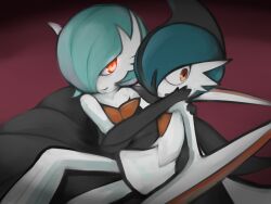 alternate_color arm_blade black_dress black_gloves blue_hair colored_skin dress elbow_gloves gallade gardevoir gen_3_pokemon gen_4_pokemon gloves glowing glowing_eyes hair_over_one_eye hand_on_another&#039;s_face konna_e_oritore mega_gallade mega_gardevoir mega_pokemon nintendo pokemon pokemon_(creature) red_eyes shiny_pokemon simple_background smile weapon white_skin