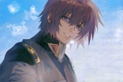 Rule 34 | 1boy, blue sky, brown hair, cloud, day, gundam, gundam seed, highres, jacket, kira yamato, looking at viewer, male focus, military jacket, military uniform, open mouth, outdoors, purple hair, she (morianosu), sky, smile, solo, upper body