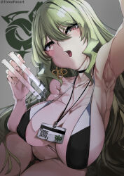 1girl :o absurdres arm_up armpits bikini breasts card choker earrings green_hair highres holding honkai_(series) honkai_impact_3rd huge_breasts jewelry lab_coat long_hair looking_at_viewer mobius_(honkai_impact) open_mouth red_eyes saliva saliva_trail solo string_bikini swimsuit tomodachi_(tomofanart) vial