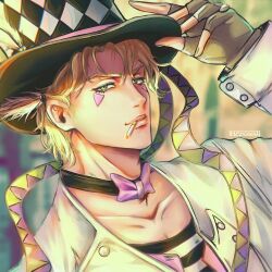 1boy adjusting_clothes adjusting_headwear artist_name battle_tendency black_choker black_hat blonde_hair blurry blurry_background bow bowtie caesar_anthonio_zeppeli choker cigarette collarbone commentary cylinder diamond_(shape) english_commentary fingerless_gloves gloves green_eyes grey_gloves hair_between_eyes hand_up hat henoopd highres jacket jojo_no_kimyou_na_bouken lighting_cigarette long_sleeves looking_at_viewer male_focus parted_lips portrait purple_bow purple_bowtie shirt short_hair solo white_jacket