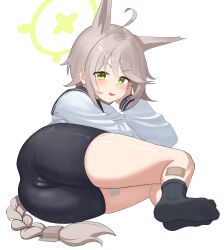 1girl absurdres ahoge animal_ears ass bandaid bandaid_on_leg bandaid_on_thigh bike_shorts black_socks blue_archive blush braid brown_hair cameltoe fox_ears fox_girl green_eyes green_halo halo hand_on_own_face highres loli otogi_(blue_archive) school_uniform serafuku simple_background skirt socks whoning1