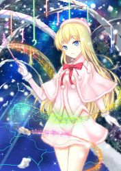 1girl bass_clef beamed_semiquavers blonde_hair blue_eyes bow bowtie capelet cloud cowboy_shot crotchet_rest diffraction_spikes dress female_focus flat_sign fur-trimmed_capelet fur-trimmed_dress fur_trim fuuro_(johnsonwade) gloves hat highres holding holding_wand lens_flare long_hair long_sleeves musical_note original parted_lips pink_dress pom_pom_(clothes) quaver red_bow red_bowtie sharp_sign sky snowflakes snowing solo sparkle musical_staff star_(sky) starry_sky treble_clef very_long_hair wand white_gloves