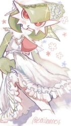 Rule 34 | artist name, blush, bob cut, clothed pokemon, colored skin, dress, gardevoir, gen 3 pokemon, green hair, green skin, highres, looking at viewer, multicolored skin, nintendo, pink eyes, pokemon, pokemon (creature), sailameif, sparkle, two-tone skin, white background, white dress, white skin