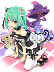 1girl absurdres animal_ears artistic_error black_dress cat_ears cat_girl chain chandelure crossover detached_collar dress extra_ears flat_chest full_body gen_4_pokemon gen_5_pokemon gen_7_pokemon green_hair highres hololive luxury_ball mimikyu mismagius nintendo no_shoes off-shoulder_dress off_shoulder open_mouth poke_ball pokemon pokemon_(creature) red_eyes sitting smile thighhighs tries uruha_rushia uruha_rushia_(3rd_costume) virtual_youtuber wariza wrong_foot