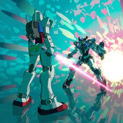 commentary earth_federation energy_sword english_commentary glowing gquuuuuux green_eyes gundam gundam_gquuuuuux highres holding holding_sword holding_weapon mecha mecha_focus mobile_suit no_humans robot rx-78-2_gundam science_fiction snowtenkey_(snow118) sword thrusters v-fin weapon