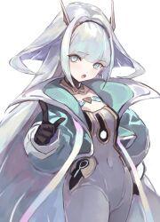 1girl black_gloves blue_jacket blunt_ends bodysuit breasts covered_navel eudie_(shadowverse) gloves highres jacket lime3141 long_hair long_sleeves looking_at_viewer open_clothes open_jacket open_mouth shadowverse:_worlds_beyond simple_background small_breasts solo very_long_hair white_background white_bodysuit white_hair