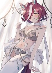 1girl absurdres ahoge aiguillette alternate_costume animal_ears bare_shoulders blue_nails blush bow bra breasts cleavage commentary curtains ear_bow eyepatch garter_straps grey_bra hair_between_eyes hair_over_one_eye highres horse_ears horse_girl horse_tail lingerie looking_at_viewer medium_breasts multicolored_hair nail_polish short_hair smile solo streaked_hair symbol-only_commentary tail tanino_gimlet_(umamusume) thighhighs toriumi_(fioripera14) umamusume underwear veil white_bow white_garter_straps white_hair white_thighhighs yellow_eyes
