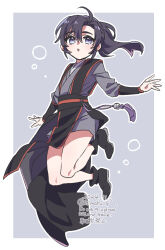 1boy :o aged_down ahoge air_bubble androgynous bare_legs black_boots black_hair black_hanfu blush boots border bubble chinese_clothes dated floating full_body grey_background hair_between_eyes hanfu highres kimako_(kimako_8) long_hair long_sleeves looking_at_viewer male_focus modao_zushi open_mouth outside_border ponytail purple_eyes sash shorts simple_background solo tassel trap tunic twitter_username underwater watermark wei_wuxian white_border yaopei