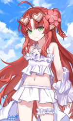 1girl absurdres ahoge arknights bikini chinese_commentary closed_mouth commentary commentary_request cowboy_shot dated english_commentary eyewear_on_head flower frills green_eyes hair_flower hair_ornament heart heart-shaped_eyewear highres long_hair looking_at_viewer making-of_available mixed-language_commentary myrtle_(arknights) myrtle_(summer_flowers)_(arknights) navel official_alternate_costume parted_bangs pink_flower pointy_ears red_hair smile solo standing swimsuit white_bikini yitai_zhi_meng