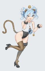 1girl absurdres animal_ears animal_print black_leotard cleavage_cutout clothing_cutout crop_top fake_animal_ears fake_tail high_heels highleg highleg_leotard highres leopard_ears leopard_print leopard_tail leotard negative_cha09 open_mouth sleeveless smile solo standing tail thighhighs thighs wuthering_waves youhu_(wuthering_waves)