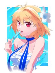 Rule 34 | 1girl, arcueid brunestud, arcueid brunestud (dazzling moon), arcueid brunestud (mooncancer), blue ribbon, breasts, cleavage, fate/grand order, fate (series), floating clothes, floating hair, flower ornament, food, hair ornament, highres, holding, holding food, holding popsicle, looking at viewer, ocean, ogachin, open mouth, popsicle, red eyes, ribbon, swimsuit, tsukihime, upper body