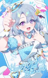 Rule 34 | :d, bare shoulders, blue dress, blue sleeves, blush, bracelet, character name, commentary, detached sleeves, dolldolldd, dot nose, dress, english text, frilled sleeves, frills, grey hair, hair between eyes, hands up, happy birthday, highres, himitsu no aipri, idol, idol clothes, index finger raised, jewelry, medium hair, open mouth, outline, pretty series, puffy short sleeves, puffy sleeves, purple eyes, rokudou elle, short sleeves, sleeveless, sleeveless dress, smile, straight hair, two-tone dress, upper body, white dress, white outline, white wrist cuffs, wrist cuffs