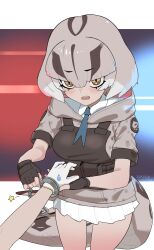 1girl 1other artist_name blush boa_constrictor_(kemono_friends) brown_eyes brown_gloves brown_hair collared_shirt cuffs fang fingerless_gloves gloves grey_hair hair_between_eyes handcuffs highres holding holding_handcuffs holding_hands hood hood_down hoodie japari_symbol kemono_friends kunikuni_(kunihiro2005) medium_hair miniskirt multicolored_hair multiple_girls necktie open_mouth pleated_skirt pouch shirt short_sleeves skirt slit_pupils snake_tail solo_focus star_(symbol) sweatdrop tail utility_vest vest white_shirt white_skirt wing_collar