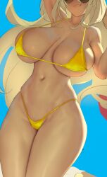 Rule 34 | 1girl, arm behind head, arm up, armpits, bare shoulders, beach, bikini, blonde hair, blush, breasts, character request, cleavage, collarbone, copyright request, curvy, day, eu03, huge breasts, large breasts, long hair, looking at viewer, navel, ocean, outdoors, round eyewear, smile, solo, sunglasses, swimsuit, thick thighs, thighs, tinted eyewear, unfinished, wide hips, yellow bikini