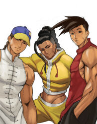 Rule 34 | 3boys, absurdres, bare shoulders, baseball cap, black pants, braid, brothers, brown eyes, brown hair, chinese clothes, commentary, cropped jacket, dark-skinned male, dark skin, drawstring, english commentary, erzomori, groin, hand in pocket, hat, highres, jacket, jamie siu, long bangs, long hair, looking at viewer, male focus, mandarin collar, midriff, multiple boys, muscular, muscular male, navel, pants, red shirt, shirt, siblings, simple background, single bang, single braid, sleeveless, sleeveless shirt, street fighter, street fighter 6, street fighter iii (series), twins, white background, white shirt, white trim, yang lee, yellow jacket, yellow pants, yun lee