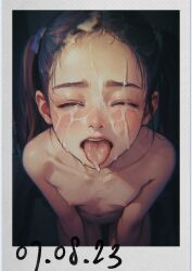 1girl absurdres after_fellatio black_hair breasts bukkake close-up closed_eyes collarbone commentary completely_nude cum cum_in_mouth cum_on_body cum_on_hair cum_on_tongue dated english_commentary eyebrows eyelashes facial facing_viewer female_focus flat_chest higashiyama_shou highres huge_filesize lips loli nipples nude open_mouth original pov realistic short_hair small_breasts solo teeth tongue tongue_out twintails upper_teeth_only
