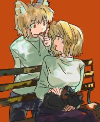 2girls ahoge animal animal_ears animal_on_lap aoymkyo arcueid_brunestud bench black_cat blue_skirt bow cat cat_ears cat_girl cat_on_lap dual_persona highres jewelry len_(cat)_(tsukihime) len_(tsukihime) looking_at_another multiple_girls necklace on_lap open_mouth purple_skirt red_eyes short_hair sitting skirt sweater time_paradox tsukihime tsukihime_(remake) turtleneck turtleneck_sweater white_sweater