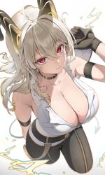 1girl absurdres arm_strap bare_shoulders black_gloves black_hair black_horns black_pants blonde_hair breasts chromatic_aberration collarbone commentary curled_horns earrings gloves hair_between_eyes highres horns jewelry key_earrings large_breasts long_hair looking_at_viewer mole mole_on_breast neil_(neil_nim) pants red_eyes shirt shirt_tucked_in simple_background solo torn_clothes torn_shirt white_background white_shirt wuthering_waves zani_(wuthering_waves)