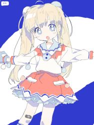 1girl :d ahoge bad_drawr_id bad_id bandaid bandaid_on_knee bandaid_on_leg blonde_hair blue_background blue_eyes blue_gloves bright_pupils collared_shirt drawr drawstring eyes_visible_through_hair feet_out_of_frame frills gloves head_tilt high-waist_skirt jaggy_lines kwgt limited_palette long_hair long_sleeves looking_at_viewer miniskirt no_nose oekaki open_mouth original outstretched_arms petticoat pleated_skirt pom_pom_(clothes) red_skirt shirt shirt_tucked_in skirt sleeve_cuffs smile solo spread_arms standing tareme tube_socks twintails two-tone_background white_background white_pupils white_shirt wing_collar