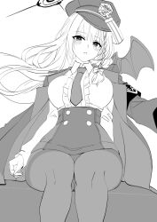 1girl blue_archive blush braid breasts commentary demon_girl demon_wings english_commentary from_below greyscale haruna_(blue_archive) hat high-waist_skirt highres jacket jacket_on_shoulders jun_project large_breasts looking_at_viewer monochrome necktie pantyhose parted_lips peaked_cap shirt single_braid single_wing sitting skirt solo wide_hips wings