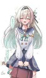 2girls bag black_hairband bow bowtie brown_bag buttons closed_eyes commentary_request double-breasted facing_viewer falling_petals firefly_(honkai:_star_rail) firefly_(spring_missive)_(honkai:_star_rail) gradient_hair green_bow green_bowtie green_hair grey_hair grey_sailor_collar grey_skirt hairband highres holding holding_bag honkai:_star_rail honkai_(series) long_hair multicolored_hair multiple_girls official_alternate_costume open_mouth petals plaid_clothes plaid_skirt pleated_skirt ranran_3939 sailor_collar shirt signature skindentation skirt stelle_(honkai:_star_rail) thighhighs trailblazer_(honkai:_star_rail) translation_request twitter_username two-tone_hair white_shirt white_thighhighs
