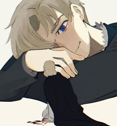 2boys absurdres black_cloak blonde_hair blood blood_on_hands blue_eyes blue_jacket chi.:_chikyuu_no_undou_ni_tsuite child cloak closed_mouth crossed_arms hair_between_eyes highres jacket kneeling looking_at_another male_focus medium_hair multiple_boys nowak_(chi.) rafal_(chi.) short_hair smile yuyuyuyriri