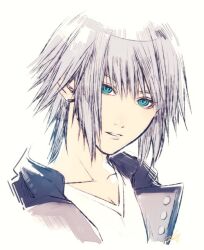 1boy blue_eyes collarbone commentary_request cropped_torso grey_hair jacket kingdom_hearts kingdom_hearts_iii male_focus mim_(mimya0600) parted_lips popped_collar riku_(kingdom_hearts) ringed_eyes shirt simple_background solo teeth v-neck white_background white_shirt