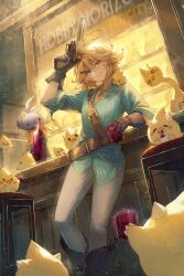 Rule 34 | 1girl, @ @, absurdres, alcohol, aqua eyes, aqua shirt, bar (place), bar stool, belt, black boots, black gloves, blonde hair, boots, bottle, brown belt, cartridge, commentary, cup, doki amber doge (dokibird), dokibird (vtuber), dokibird (vtuber) (bounty hunter), drinking glass, dutch angle, english commentary, english text, feet out of frame, from below, gloves, gun, hair ornament, hairclip, handgun, highres, holding, holding cup, holding gun, holding weapon, ijac ray, indie virtual youtuber, indoors, leaning on table, looking at viewer, medium hair, neckerchief, orange neckerchief, pants, revolver, shirt, sleeves pushed up, smile, smoke, solo, stool, untucked shirt, virtual youtuber, weapon, white pants, wine bottle