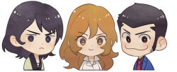 1girl 2boys arsene_lupin_iii black_eyes black_hair blue_jacket bright_pupils brown_eyes brown_hair chibi chibi_only closed_mouth cropped_torso halorane ishikawa_goemon_xiii jacket long_sideburns lupin_iii mine_fujiko multiple_boys necktie red_necktie shirt short_hair sideburns simple_background smile v-shaped_eyebrows white_background white_pupils white_shirt