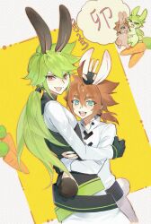 Rule 34 | 2boys, :d, aged down, ahoge, animal ears, animalization, anmicius, aotu world, aqua eyes, asymmetrical clothes, belt, black gloves, black shirt, brown hair, carrot, chinese commentary, chinese text, chinese zodiac, dated, fang, fingerless gloves, gloves, green belt, green hair, grey background, hair between eyes, highres, holding, hug, jacket, kemonomimi mode, long hair, long sleeves, looking at viewer, low ponytail, male focus, multiple boys, official alternate costume, open mouth, pants, ponytail, rabbit, rabbit boy, rabbit ears, rabbit tail, red eyes, shirt, smile, speech bubble, sukebegg, tail, tongue, tongue out, turtleneck, two-tone background, v, white jacket, white pants, white shirt, xander (aotu world), yaoi, year of the rabbit, yellow background