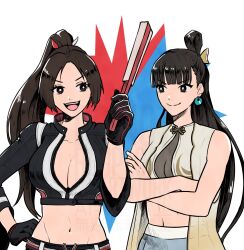2girls alternate_costume alternate_hairstyle black_hair breasts brown_hair capcom chun-li cleavage crossed_arms crossover denim fatal_fury fatal_fury:_city_of_the_wolves gloves hand_on_own_hip highres jacket jeans large_breasts leather leather_jacket long_hair midriff multiple_girls navel open_mouth pants ponytail shiranui_mai smile snk solo street_fighter teeth the_king_of_fighters tongue