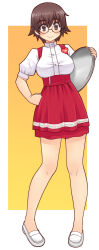 1girl border breasts brown_eyes brown_hair character_request copyright_request glasses hand_on_own_hip heart_pin holding holding_tray looking_at_viewer orange_background red_skirt shoes short_hair skirt smile solo standing tray uona_telepin waitress white_border white_shoes