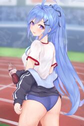 1girl absurdres ahoge ass azur_lane black_ribbon blue_buruma blue_hair blurry blurry_background buruma gym_uniform hair_ribbon helena_(azur_lane) highres kyl490 long_hair open_mouth ponytail purple_eyes ribbon running_track shirt soda_bottle solo white_shirt
