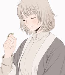 1girl animal animal_on_hand blush bug caterpillar closed_eyes closed_mouth dungeon_meshi falin_touden falin_touden_(tallman) frs2 grey_hair grey_jacket hand_up highres jacket long_sleeves short_hair simple_background smile upper_body white_background