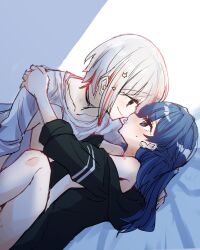 2girls black_jacket blue_eyes blue_hair blush braid closed_mouth commentary_request eye_contact half_up_braid hand_on_another&#039;s_shoulder hickey highres implied_fingering jacket kanduki_kamibukuro link!_like!_love_live! long_hair looking_at_another love_live! multicolored_hair multiple_girls murano_sayaka off_shoulder red_eyes red_hair shirt smile streaked_hair tongue tongue_out white_hair white_shirt yugiri_tsuzuri yuri