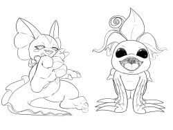 claws digimon digimon_(creature) elizamon feet flower foot_focus highres imposter_dude looking_at_viewer monochrome open_mouth palmon petals ribbon sharp_teeth tail teeth