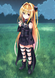 1girl absurdly_long_hair absurdres alternate_costume alternate_hairstyle beret black_shoes blonde_hair blue_brooch blush bow bowtie braid breasts closed_mouth commentary_request dress expressionless eyes_visible_through_hair falling_feathers feathers floating_hair full_body hair_between_eyes hair_intakes hand_up hat hat_feather highres indoors juliet_sleeves kneehighs konjiki_no_yami long_hair long_sleeves looking_at_viewer mary_janes outstretched_arm outstretched_hand puffy_sleeves red_bow red_bowtie red_eyes rpku shoes sidelocks single_braid small_breasts socks solo standing straight_hair to_love-ru to_love-ru_darkness very_long_hair white_dress white_hat white_socks