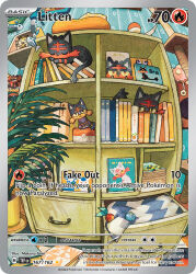 Rule 34 | alternate color, animal focus, artist name, berry (pokemon), book, bookshelf, card (medium), cat, character name, cheri berry, closed eyes, company name, copyright name, copyright notice, drawer, english text, fluffy tail (pokemon), gen 1 pokemon, gen 6 pokemon, gen 7 pokemon, incineroar, indoors, legendary pokemon, litten, meowstic, meowstic (female), meowstic (male), meowth, mythical pokemon, nintendo, no humans, official art, oran berry, picture frame, plant, poke ball theme, pokemon, pokemon (creature), pokemon card, pokemon focus, pokemon tcg, potted plant, shiny pokemon, sleeping, tami yagi, third-party source, trading card, wishiwashi, wishiwashi (solo), zeraora