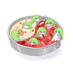 1boy 6+others androgynous barefoot blush carrot chibi chili_pepper commentary_request eating enkidu_(fate) fate/grand_order fate_(series) food green_eyes green_hair hand_fan himeko_(nico6v6pachi) kingu_(fate) multiple_others multiple_persona paper_fan partially_submerged purple_eyes robe soup sweatdrop uchiwa white_robe