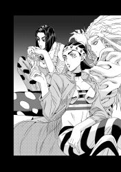 3girls breasts choker cleavage coat commentary_request detached_sleeves facial_mark forehead greyscale gwess hat highres jeonjin_(mynamebazin) jojo_no_kimyou_na_bouken kicking korean_commentary lipstick long_hair makeup medium_breasts midriff military_vehicle mirashon miuccia_miuller monochrome motor_vehicle multiple_girls navel pants polka_dot_pants stone_ocean strapless striped_clothes striped_pants tank tube_top