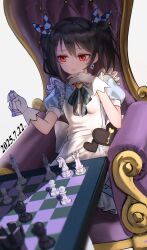 1girl absurdres alice_(alice_in_wonderland) alice_(alice_in_wonderland)_(cosplay) apron asymmetrical_sidelocks back_bow black_hair blue_dress board_game bow chess chess_piece chessboard club_(shape) collared_dress cosplay dated diamond_(shape) double-parted_bangs dress earrings frilled_apron frilled_dress frills gloves hair_ribbon heart heart_pendant highres holding holding_chess_piece jewelry key love_live! love_live!_school_idol_project maid_apron plaid_ribbon playing_chess puffy_short_sleeves puffy_sleeves queen_(chess) red_eyes ribbon short_sleeves sitting sitting_on_throne solo throne twintails white_apron white_background white_gloves yazawa_nico zen.nico