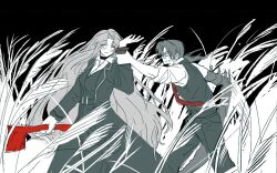 Rule 34 | 1girl, arthropod limbs, axe, black background, black choker, black coat, black pants, black vest, choker, coat, grass, gregor (project moon), highres, holding, holding axe, limbus company, long hair, long sleeves, looking at another, necktie, ntcke, pants, parted bangs, partially colored, project moon, red necktie, rodion (project moon), shirt, simple background, standing, tall grass, upper body, vest, white shirt
