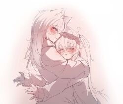 1boy 1girl :3 animal_ear_fluff animal_ear_piercing animal_ears blush bow cat_ears chestnut_mouth clawed_hands closed_eyes commentary couple frilled_hairband frills glasses greyscale hair_bow hairband half-closed_eyes highres hood hoodie hug jacket kana616 kana_(kana616) long_hair looking_at_another monochrome original outstretched_arms raised_eyebrows second-party_source sleepy sleeves_past_wrists smile spanish_commentary spot_color twintails virtual_youtuber yumi_koburako