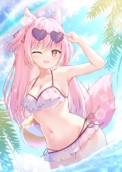 1girl ;d absurdres animal_ear_fluff animal_ears ball beachball bikini blue_sky breasts cleavage commentary_request day eyewear_on_head fang fox_ears fox_girl fox_tail frilled_bikini frills heart heart-shaped_eyewear highres holding holding_ball holding_beachball liuliu long_hair medium_breasts nail_polish navel one_eye_closed open_mouth original outdoors pink_hair pink_nails red_eyes sky smile solo swimsuit tail two_side_up water white_bikini