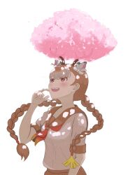 1girl animal_ears antlers blush bow braid brown_hair brown_skirt brown_trim cherry_blossoms cowboy_shot deer_antlers deer_ears deer_girl extra_ears hair_bow highres hiratarouma horns kemono_friends looking_up multicolored_hair neckerchief open_mouth orange_eyes pleated_skirt red_neckerchief sailor_collar school_uniform serafuku shirt short_sleeves sika_deer_(kemono_friends) skirt solo t-shirt twin_braids white_bow white_hair white_shirt