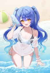 1girl absurdres ahoge amamiya_kokoro amamiya_kokoro_(7th_costume) arm_support bare_shoulders beach bikini bikini_under_clothes black_bikini blue_hair blush breasts collarbone commentary_request day fang frilled_bikini frilled_wrist_cuffs frills front-tie_bikini_top front-tie_top hair_between_eyes hair_ornament hair_ribbon hand_up highres holding holding_water_gun jewelry kneeling long_hair looking_at_viewer necklace nijisanji ocean open_mouth outdoors ribbon sandals see-through_clothes see-through_shirt shallow_water shirt side-tie_bikini_bottom skin_fang small_breasts smile solo swimsuit twintails very_long_hair virtual_youtuber water water_gun wet wet_clothes wet_shirt white_shirt white_wrist_cuffs wrist_cuffs x_hair_ornament yellow_eyes yukiunag1
