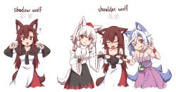 3girls ? animal_ear_fluff animal_ears bare_shoulders blue_hair breasts brooch brown_hair cleavage collarbone commentary detached_sleeves dog_ears dog_tail double_v dress embarrassed english_commentary english_text fang frills hat imaizumi_kagerou inubashiri_momiji jewelry long_hair long_sleeves looking_at_viewer mitsugashira_enoko multicolored_hair multiple_girls necklace off_shoulder one_eye_closed open_mouth pom_pom_(clothes) purple_shirt red_dress red_eyes red_hat shirt simple_background smile tail thumbs_up tokin_hat tongue tongue_out touhou two-tone_hair undressing_another v white_background white_dress white_fur white_hair wide_sleeves wolf_ears wolf_tail wool_(miwol)