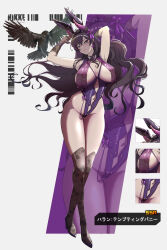 1girl absurdres animal_ears arms_behind_head bird black_bird black_socks blue_eyes breast_curtain breast_curtains breastless_clothes breastless_leotard breasts character_name commentary_request copyright_name crow diamond_earrings earrings fake_animal_ears floral_print gloves goddess_of_victory:_nikke harran_(nikke) highres horns hyotenka_ichido jewelry kneehighs large_breasts leotard long_hair navel nipples purple_gloves purple_hair purple_leotard purple_shoes rabbit_ears rose_print see-through_breast_curtain see-through_clothes shoes socks solo