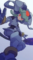 Rule 34 | 1girl, armor, crop top, forehead jewel, glowing, glowing eyes, gradient background, green hair, helmet, lemon inu, looking at viewer, mega man (series), mega man zx, model w (mega man), pandora (mega man), power armor, red eyes, revision, ringed eyes, sketch, staff, white helmet
